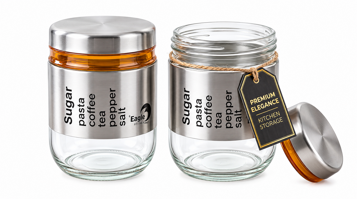 Glass kitchen storage jars with stainless steel cover and lid
