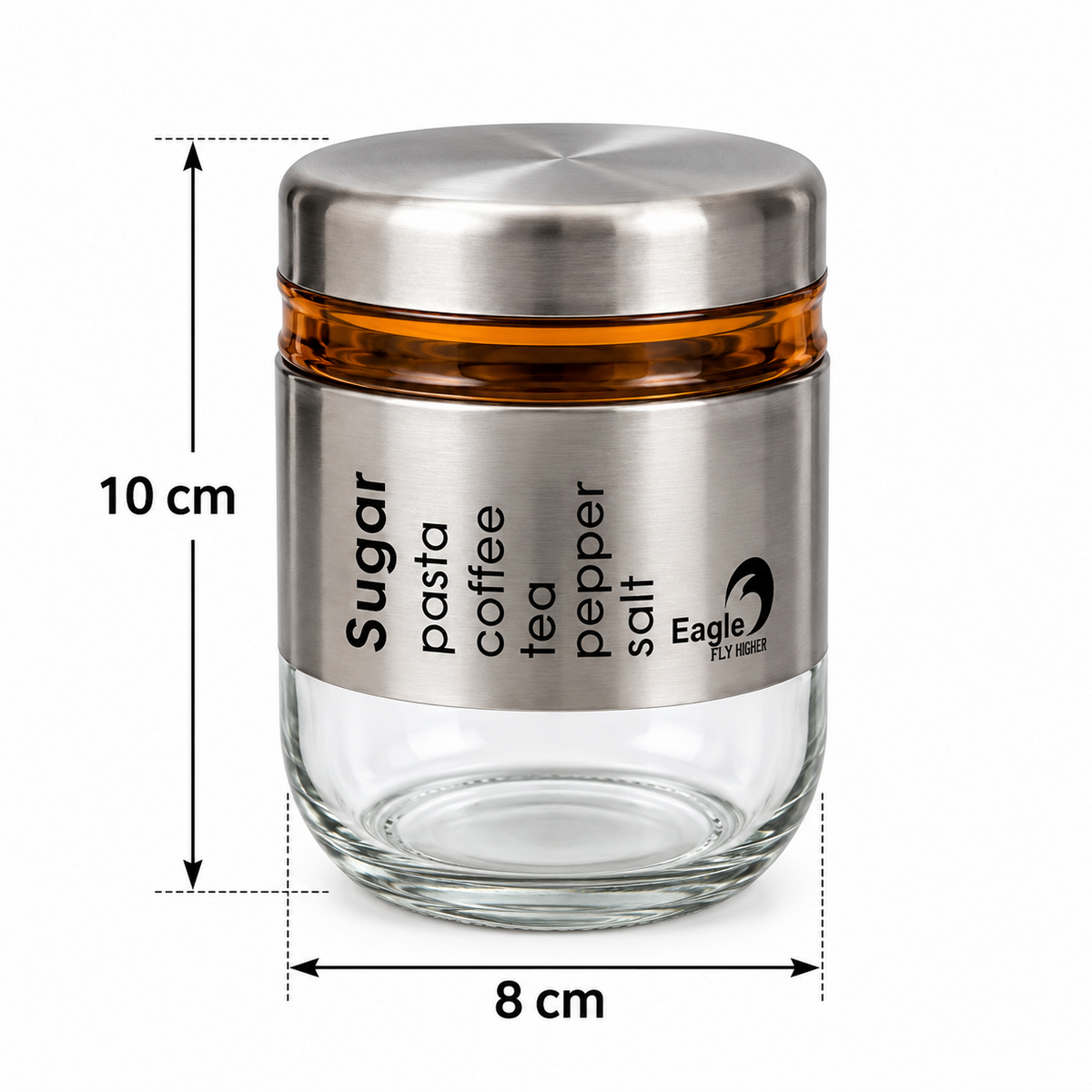 Glass kitchen storage jar dimensions 10 cm by 8 cm