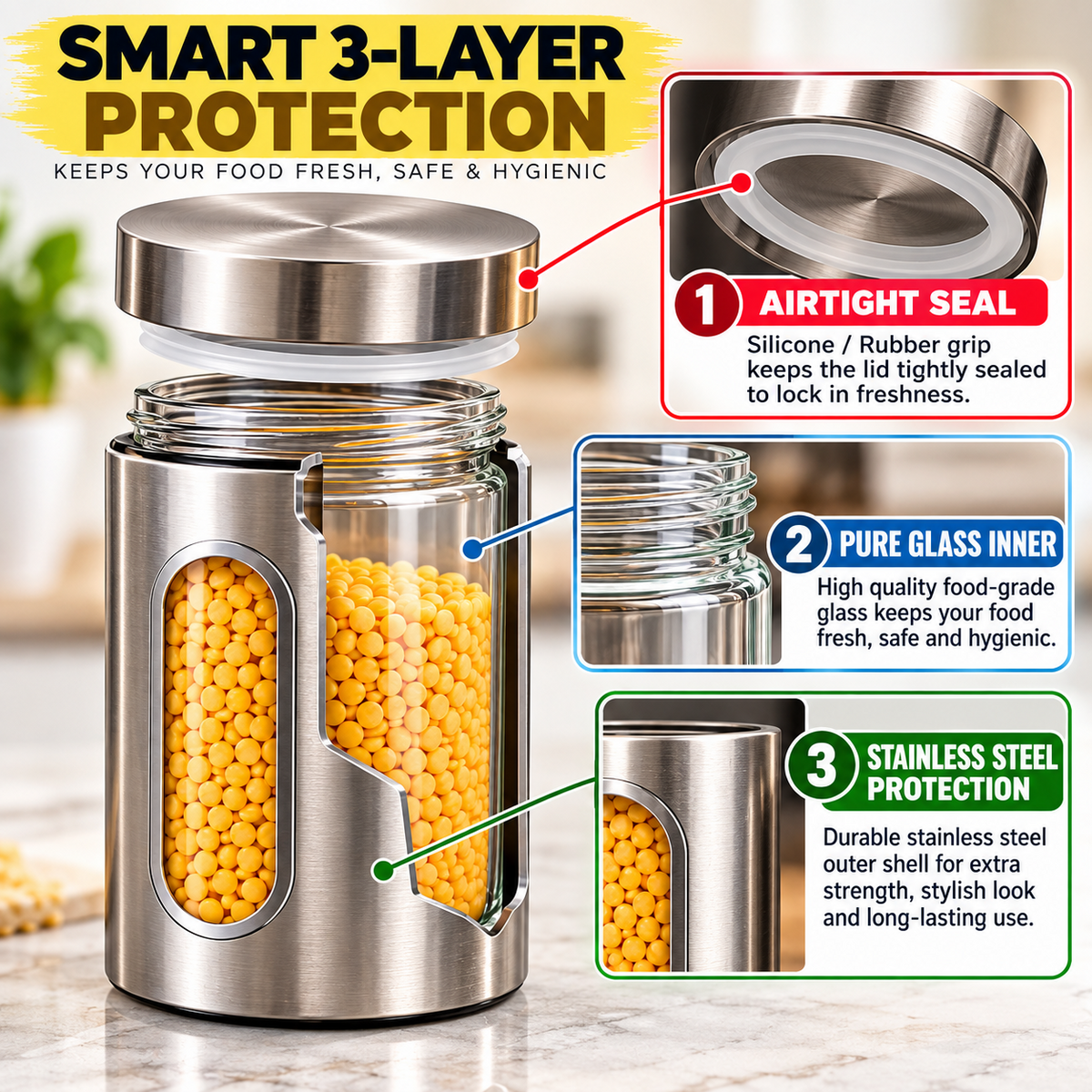 600ml Airtight Stainless Steel & Glass Storage Container
