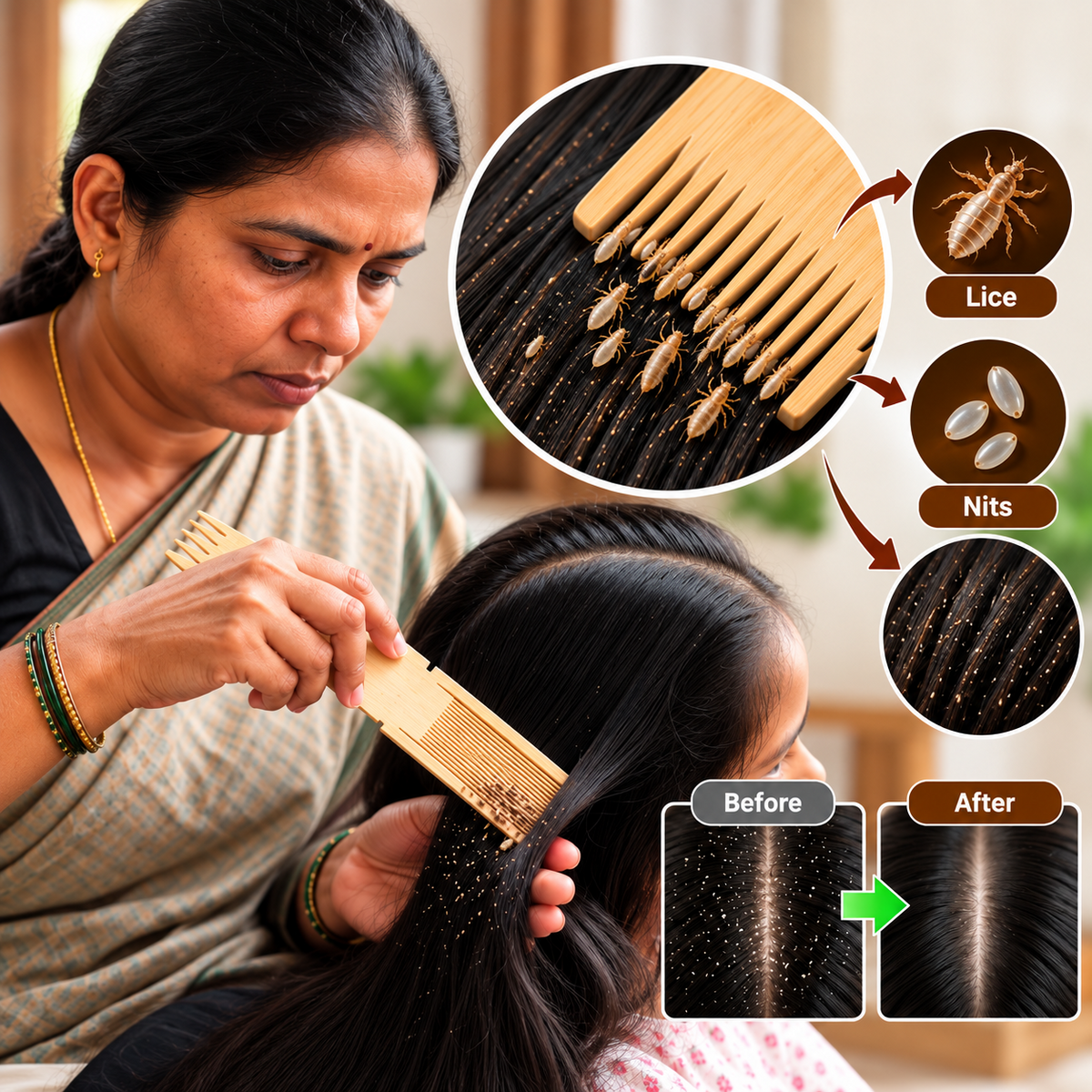 Wooden lice and nit comb in use