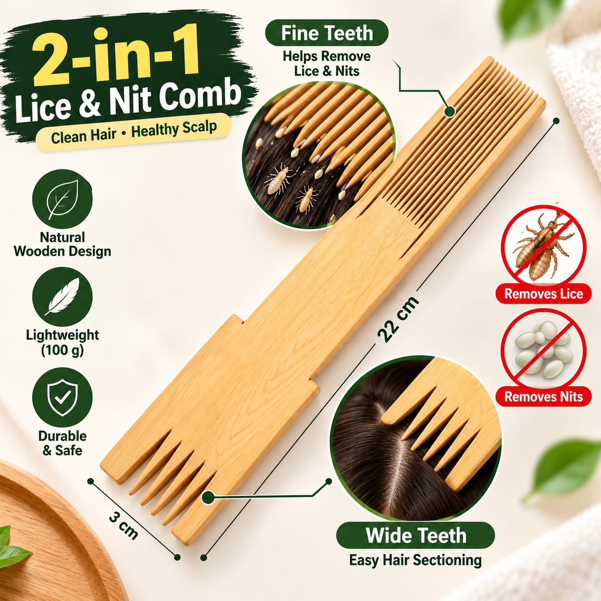 2-in-1 Natural Wooden Lice & Nit Comb – Fine & Wide Teeth