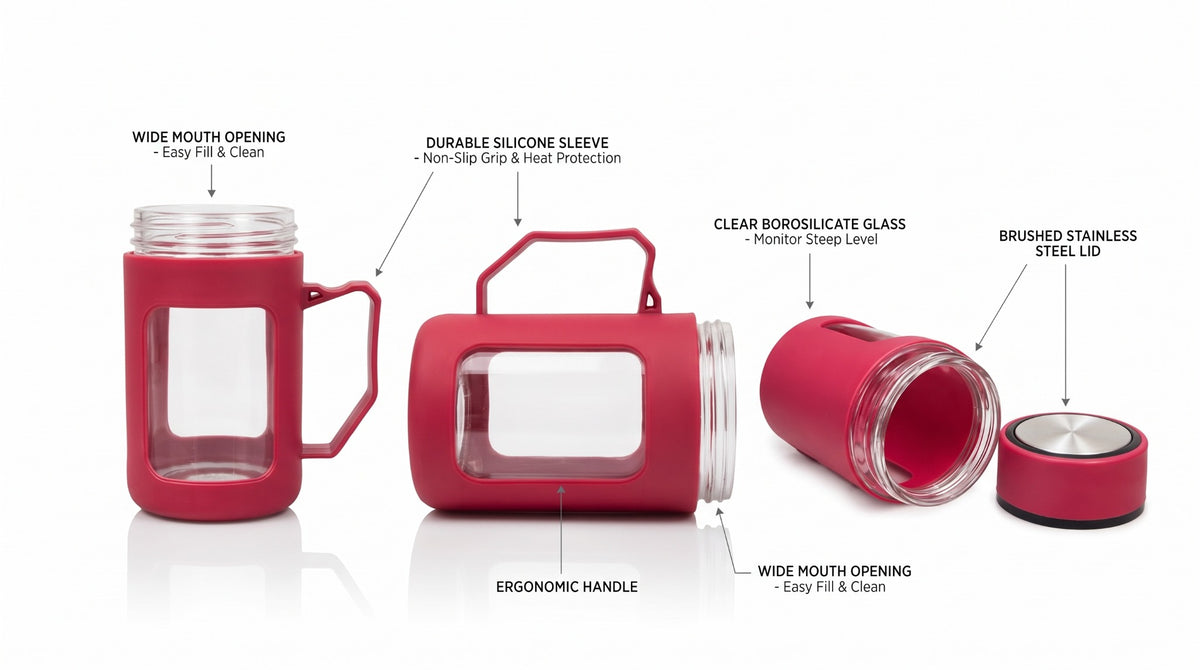 Red borosilicate glass mug with silicone sleeve and handle