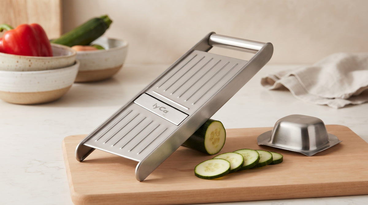 Stainless steel vegetable slicer on cutting board