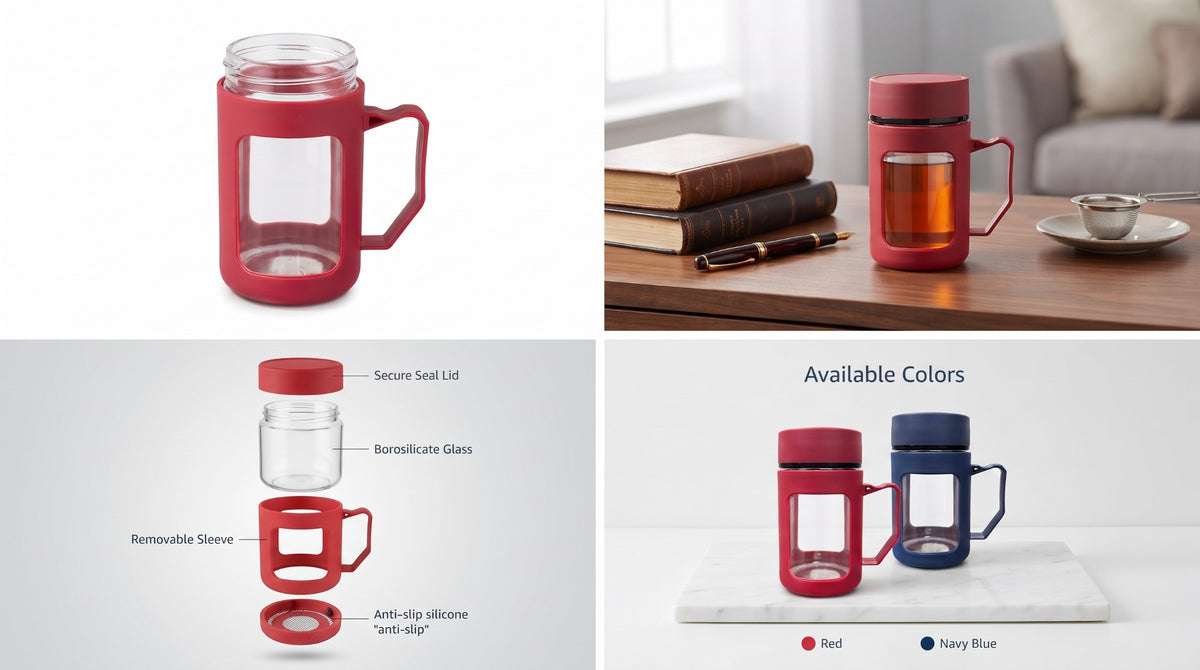 Red glass mug features and lifestyle image