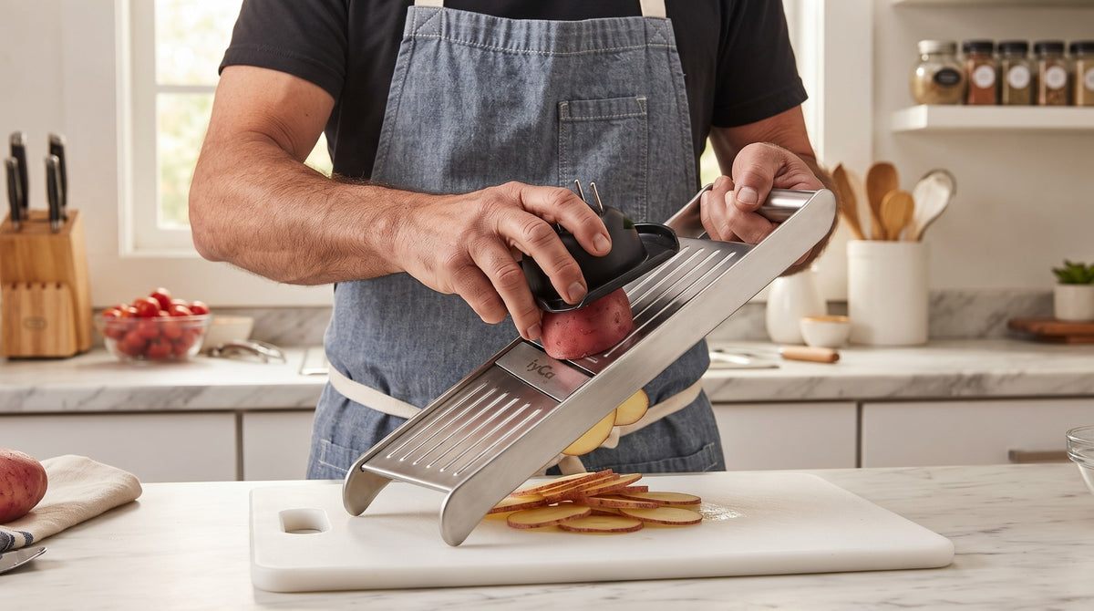 Stainless steel vegetable slicer slicing potato