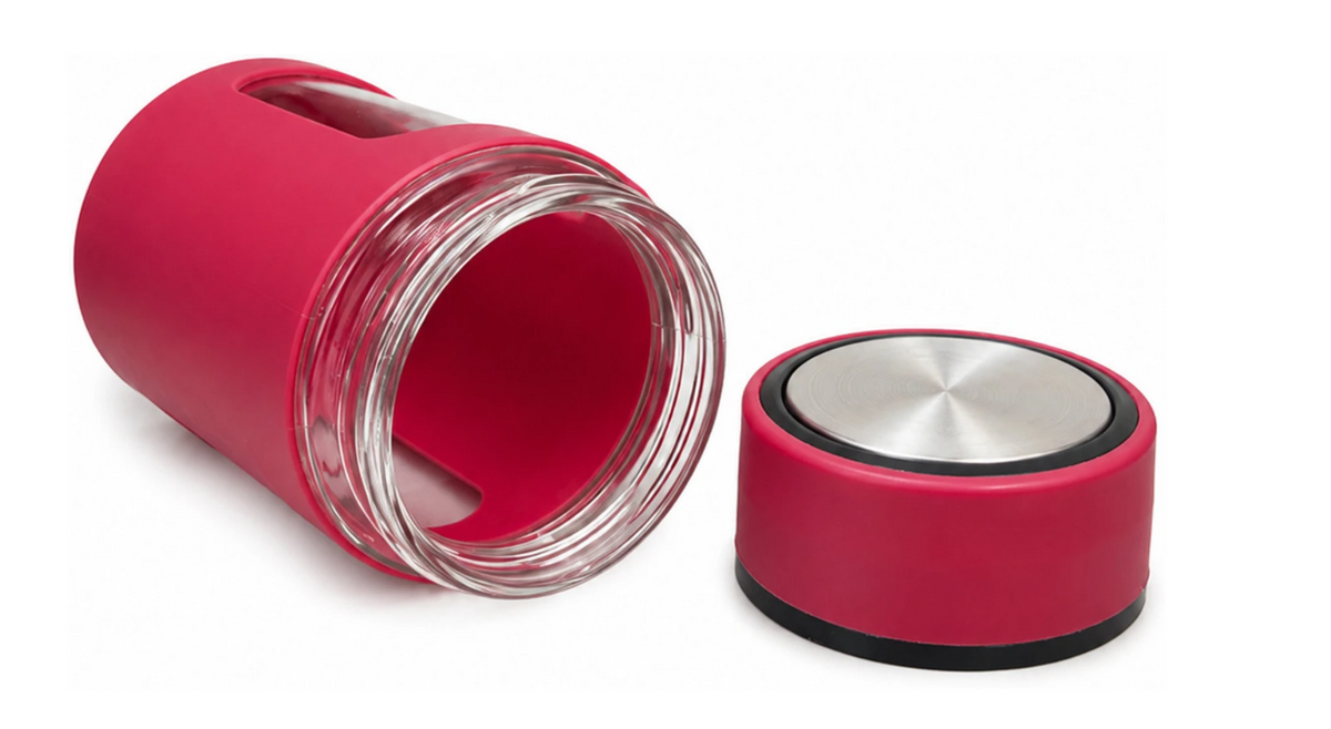 Red glass mug wide mouth and stainless steel lid