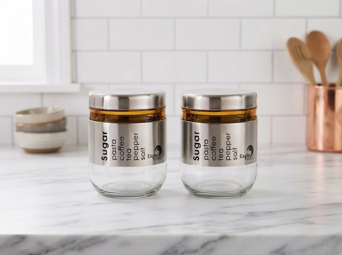 Pack of 2 glass kitchen storage jars on kitchen counter