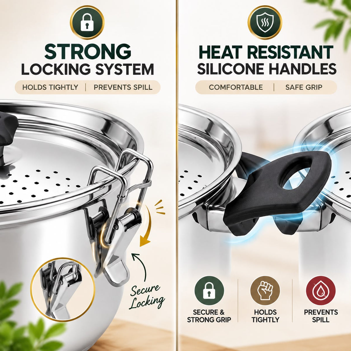 Cooking pot locking system and heat resistant handles