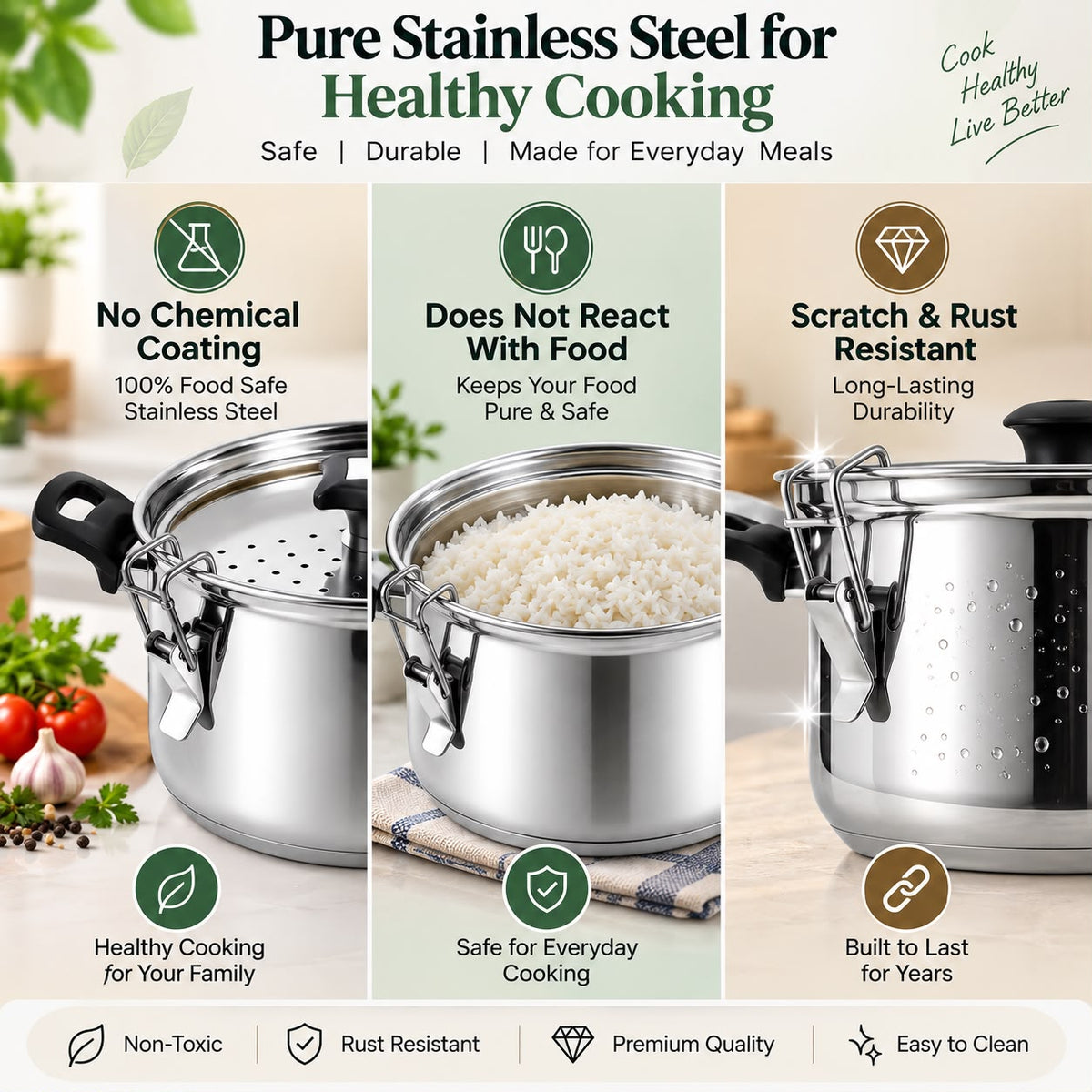 Stainless steel cooking pot features