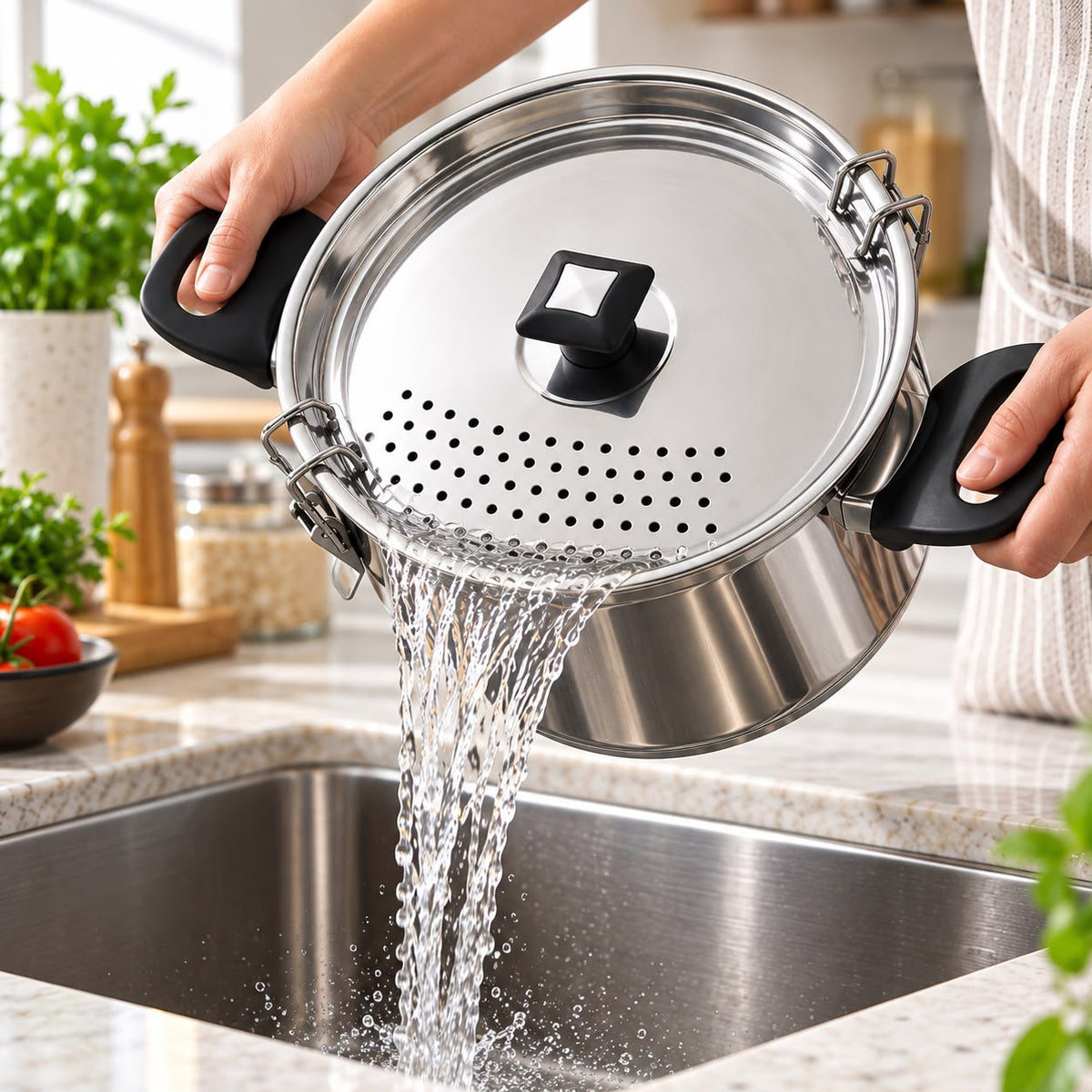 Cooking pot strainer lid draining water