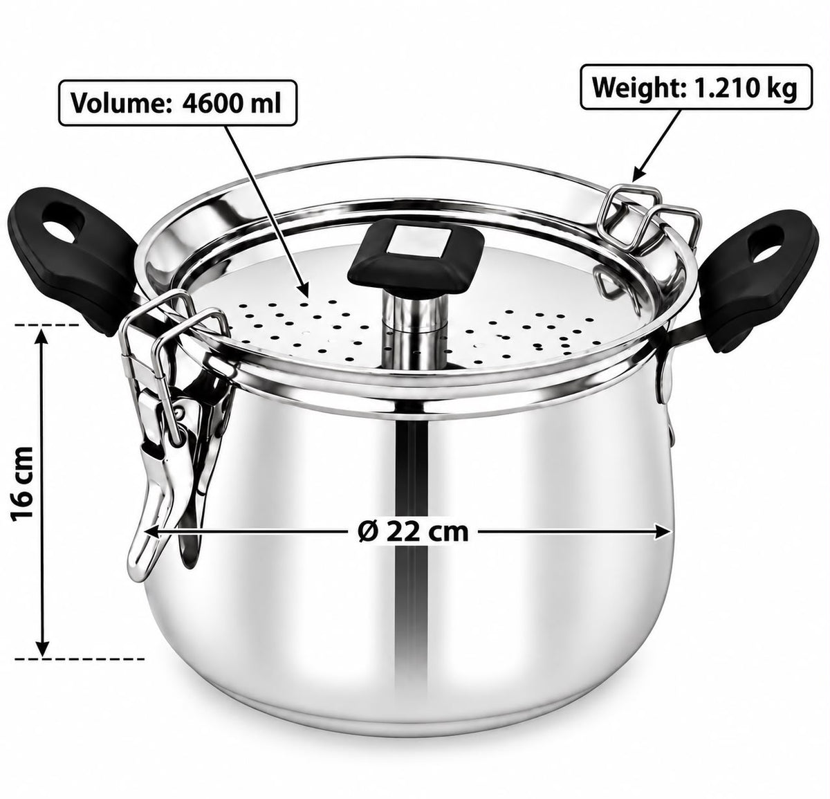 4.6 litre cooking pot dimensions 22 cm by 16 cm