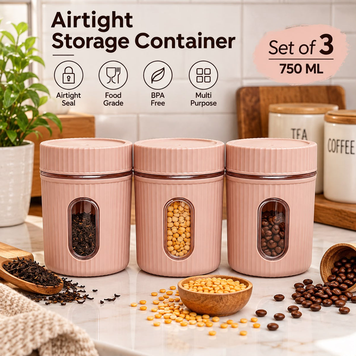 Set of 3 airtight 750ml food storage containers for kitchen