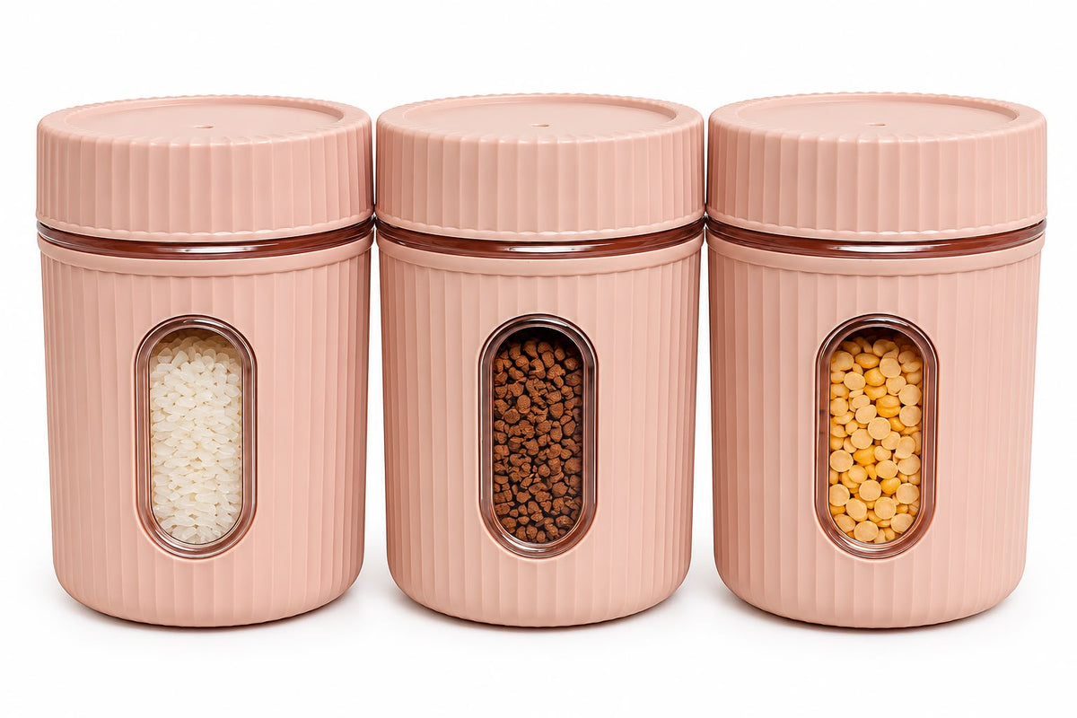 Three airtight kitchen storage containers with transparent viewing windows