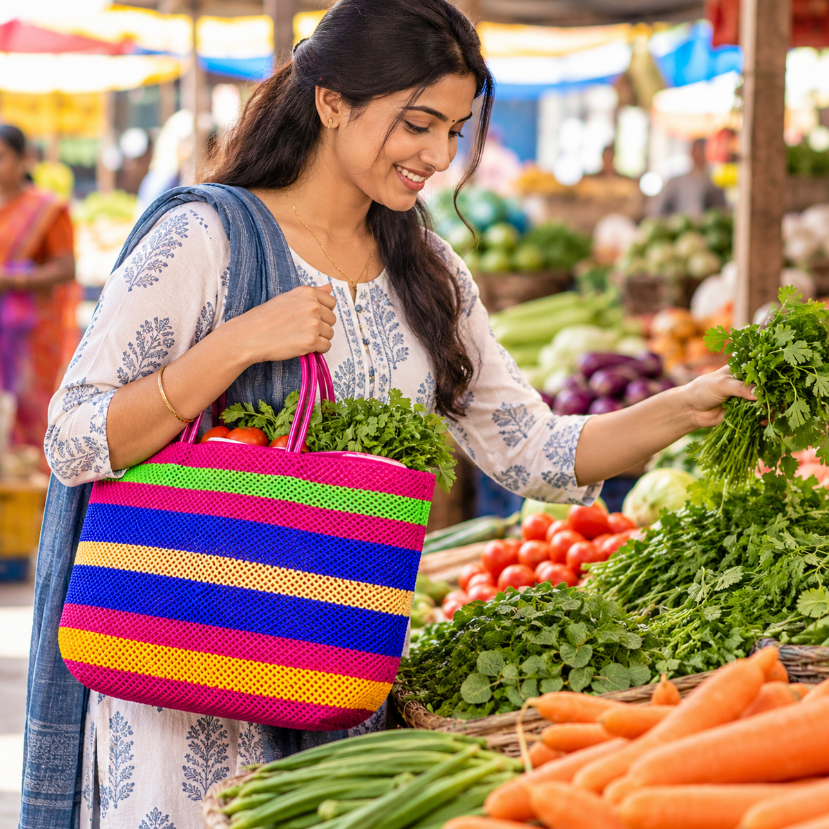 Reusable multicolor mesh shopping bag in vegetable market