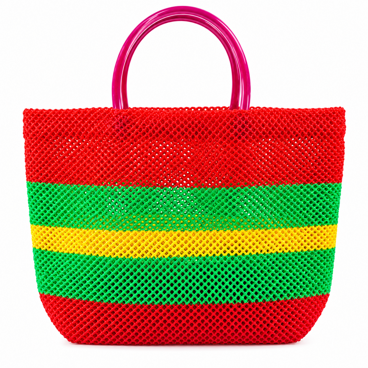 Red green yellow reusable mesh market shopping bag