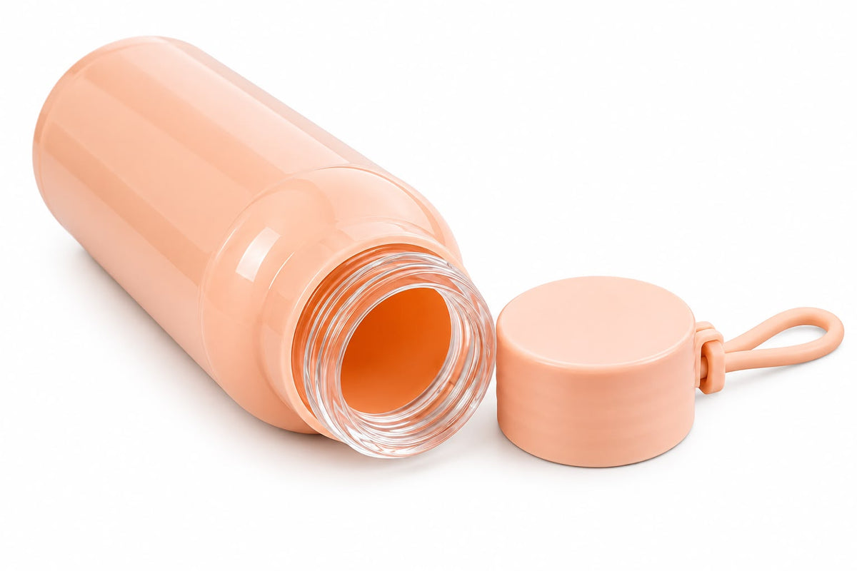 Peach portable water bottle with carry loop and open cap