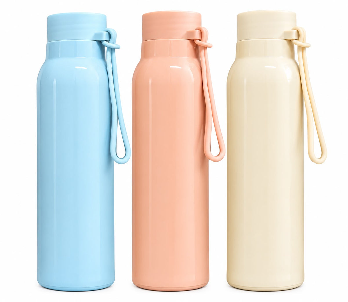 Portable water bottles in blue peach and cream colors